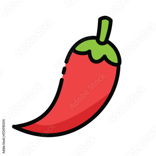 Red chili pepper with green stem and leaves