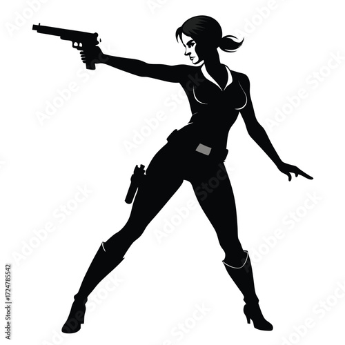 Black silhouette illustration of a female agent holding a pistol vector graphic vector