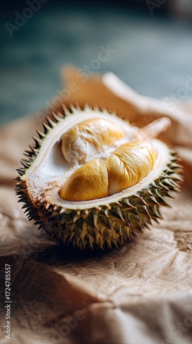 Durian fruit halved with soft lighting