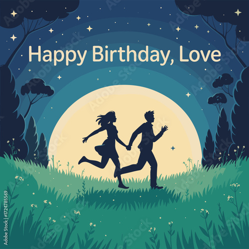 "Happy Birthday Love – Romantic Couple Running under Moonlight Night Sky Illustration"