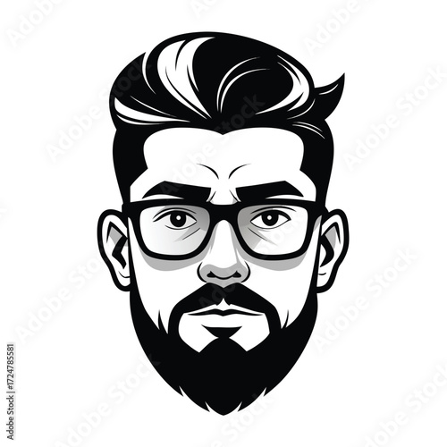 Black and white vector illustration of a man with beard and glasses stylized portrait vector