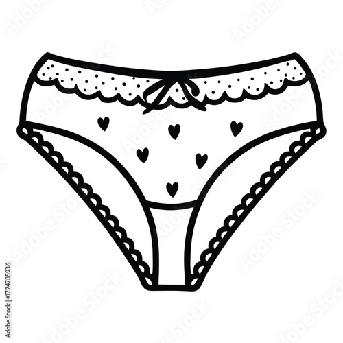 Elegant black and white vector line drawing of women's panties with heart pattern and lace trim vector