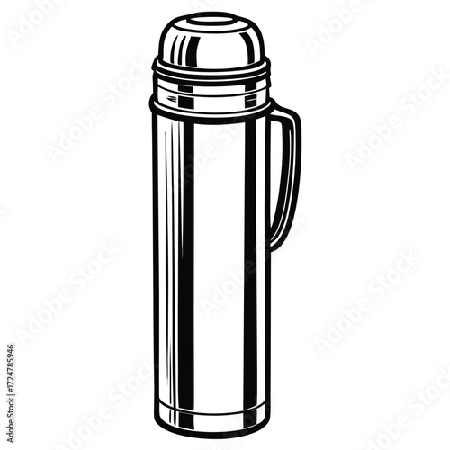 Classic black and white line drawing vector illustration of a vintage thermos flask with handle vector