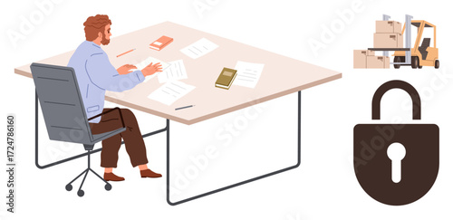 Man seated at table managing papers, books, work. Forklift loads boxes, padlock highlights security. Ideal for logistics, supply chain, documentation, organization security business workflow