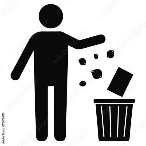 Black and white pictogram of a person throwing trash into a bin vector illustration vector