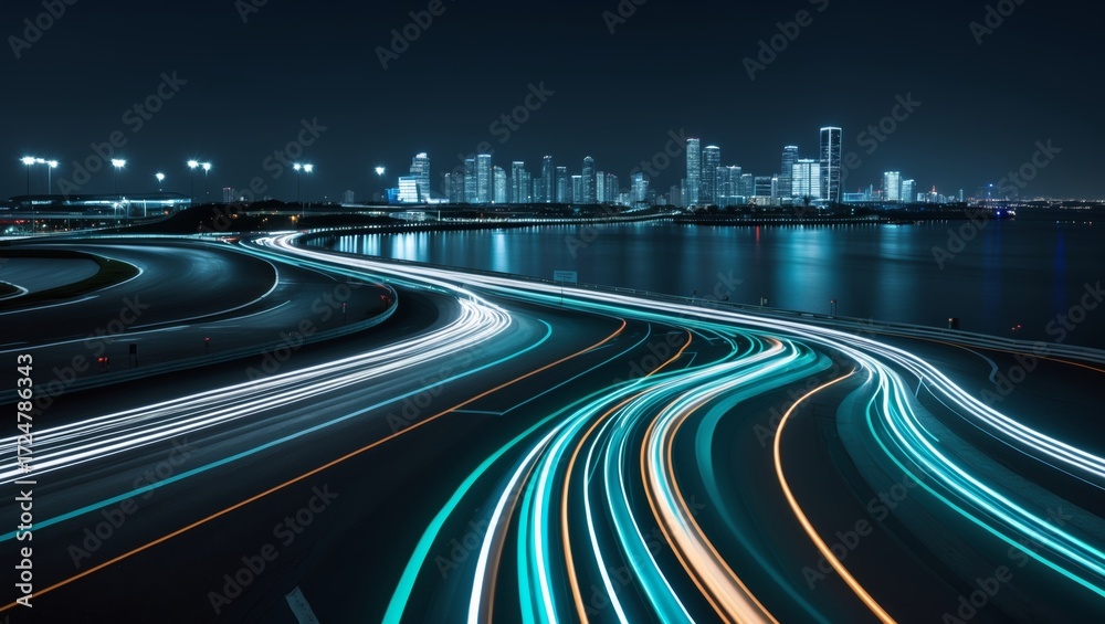 Fototapeta premium Night Grand Prix Light Trails, Harbor Reflections