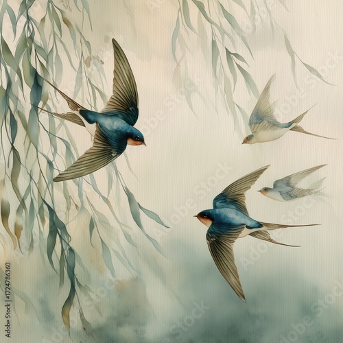Swallows in Flight Watercolor Painting