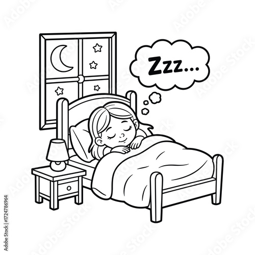 "Cute Sleeping Girl Illustration in Bed with Moon and Stars Window View, Zzz Cartoon Vector"