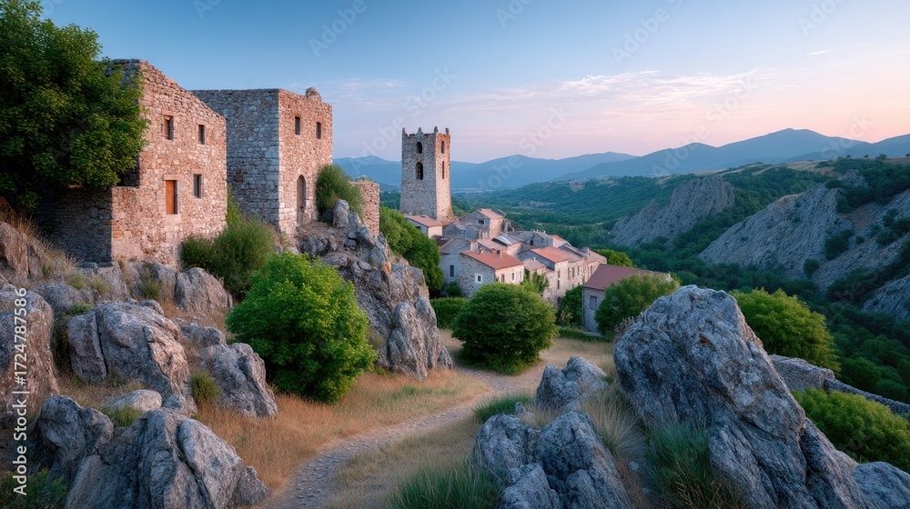 Fototapeta premium Ancient Stone Castle Overlooking Rolling Hills at Sunset Under a Clear Sky with Warm Light Europe Architecture Travel Destination Cinematic HDR