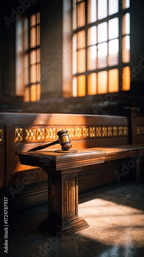 Wooden gavel on a bench in a courtroom