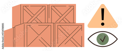 Stacked wooden crates beside caution sign and inspection icon representing safety, storage, and quality control. Ideal for logistics, inventory, warehouse management, safety, quality assurance