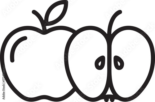 Simple line drawing of a whole apple and a halved apple