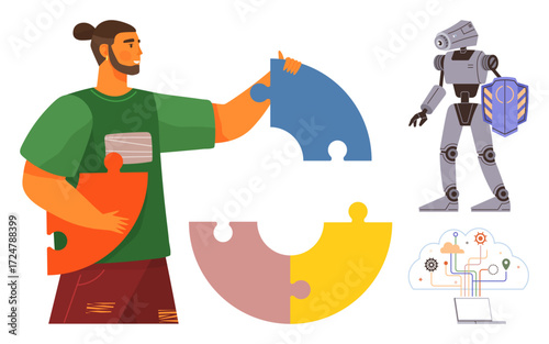 A man assembling puzzle pieces, a robot holding a gear, and a cloud computing system with connections. Ideal for teamwork, innovation, technology, AI, problem-solving collaboration learning. Simple