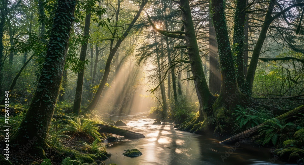 Fototapeta premium Sunlit Forest Stream: Dramatic Light Rays Piercing Through Lush Greenery