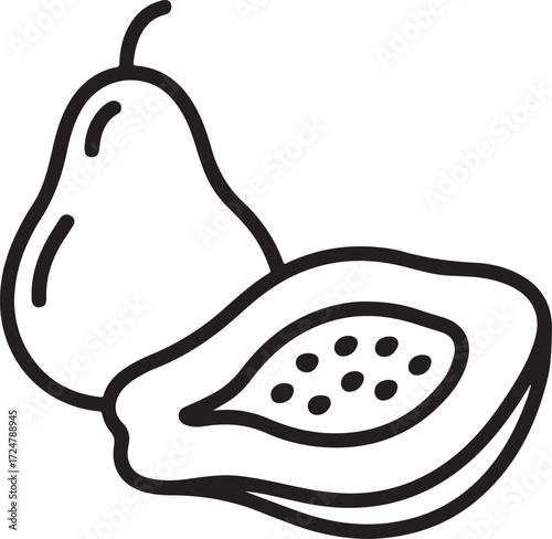 Simple line drawing of a whole pear and a halved pear