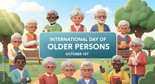 A diverse group of elderly people celebrating the International Day of Older Persons on October 1st in a park.