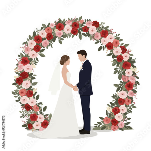 Romantic wedding illustration of a couple standing under a floral archway, celebrating their love and union in a beautiful ceremony