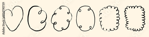 Hand drawn doodle frames set. Cute sketch scribble borders with loops, curls and scallops for childish design, cards, stickers, scrapbook, social media, invitations. Textured vector illustration