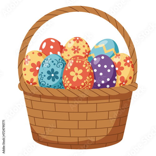 Happy Easter basket filled with colorful, decorated eggs, perfect for holiday celebrations and spring themes
