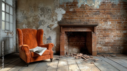 A vibrant orange armchair sits empty beside an old brick fireplace in a room filled with the detritus of time.