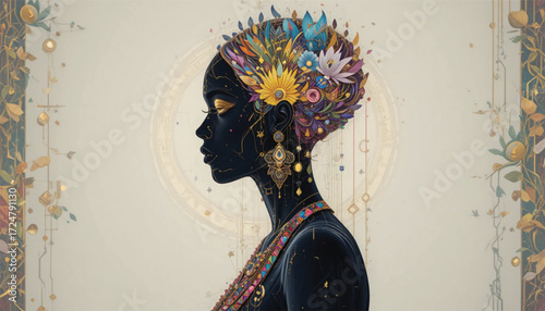 Abstract African woman silhouette with tribal jewelry, gradient colors, elegant line art, decorative fashion concept.  Ai Generate 