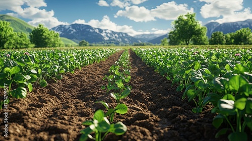 Ultra-realistic image of a small field of cover crops, showcasing rich, fertile soil and plants.