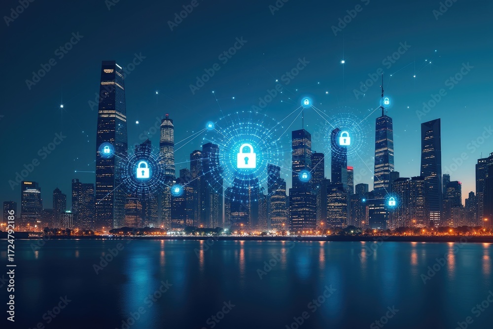 Fototapeta premium Cityscape at night with glowing locks connecting buildings across the water in a digital overlay