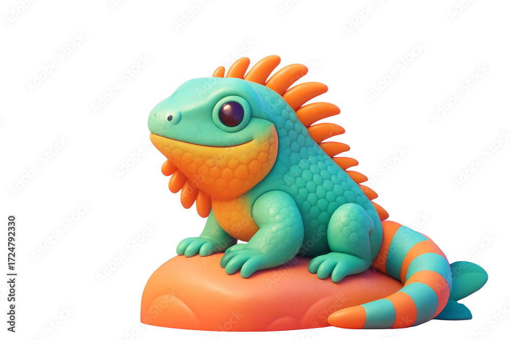 Fototapeta premium Adorable cartoon iguana with vibrant orange and teal colors isolated on white background, sitting on rock, concept of playful animal character. Ai generative