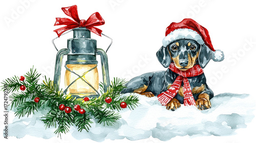 Cute Dachshund in Christmas Hat with Lantern and Holiday Decor