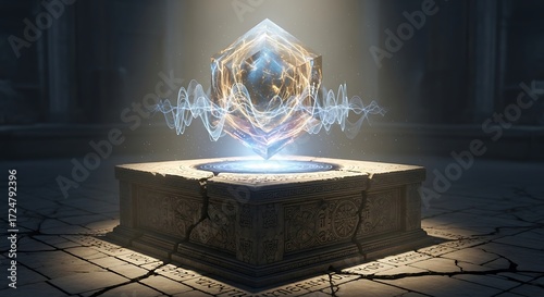 Glowing Cube on Ancient Stone Pedestal with Energy Waves and Cracked Floor