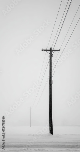 A solitary wooden utility pole stands in a snowy, foggy landscape, power lines stretching across a pale sky