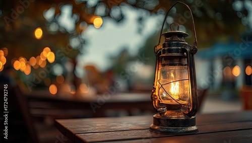 Rustic oil lantern glows on wooden table, warm light illuminates blurred outdoor cafe setting at dusk