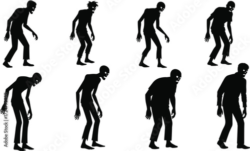Eight scary zombie silhouette vector illustration, creepy undead monster design, horror walking dead artwork for Halloween isolated on white background
