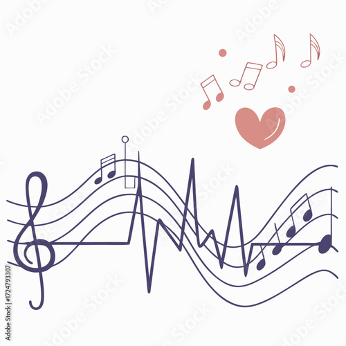 A music background with a heart symbol, combining the concepts of love, health, and a rhythmic pulse