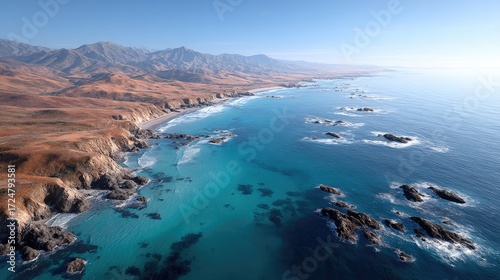 Dramatic Aerial View of Rocky Coastline with Turquoise Water and Sandy Beaches on Sunny Day