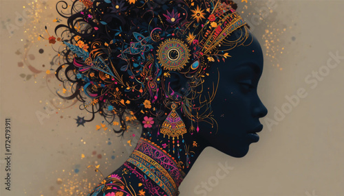 Abstract African woman silhouette with tribal jewelry, gradient colors, elegant line art, decorative fashion concept.  Ai Generate 