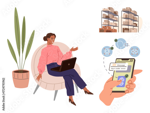 Woman using laptop in home workspace with secure mobile login process, digital icons, storage shelves, and plant decor. Ideal for technology, remote work, security, communication, business home