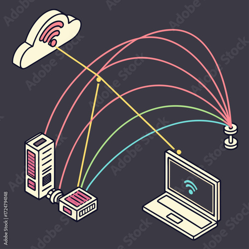 Vector art of a stylized illustration shows a cloud, server, laptop, and database connected by colorful lines, representing data transfer and network communication in a modern tech setup