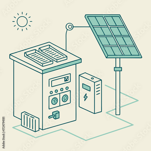 Illustration of a solar power system with a solar panel, inverter, and battery, showcasing renewable energy technology for homes and businesses, depicted in a clean, modern line art style