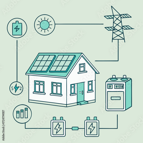 Illustration of a house with solar panels, connected to a power grid and battery storage, showcasing a sustainable energy ecosystem for homes, depicted in a clean, modern line art style