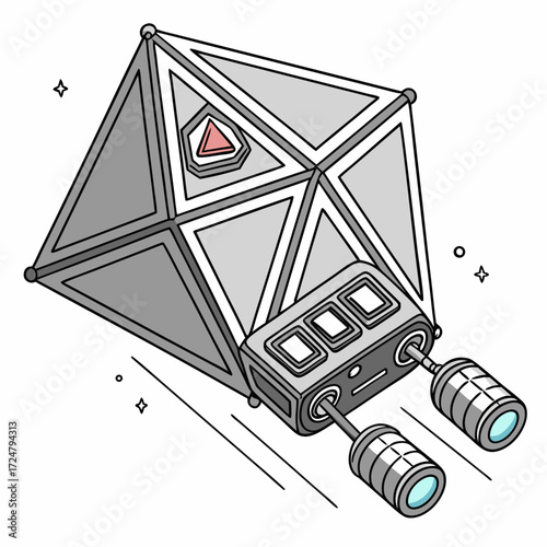 Vector art of isometric illustration of a geometric spaceship with a diamondshaped body and cylindrical engines, , perfect for science fiction or technology themes