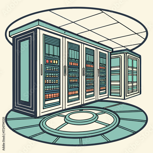 Illustration of a server room with multiple server racks, the room is depicted with intricate details, and the racks add a sense of technology
