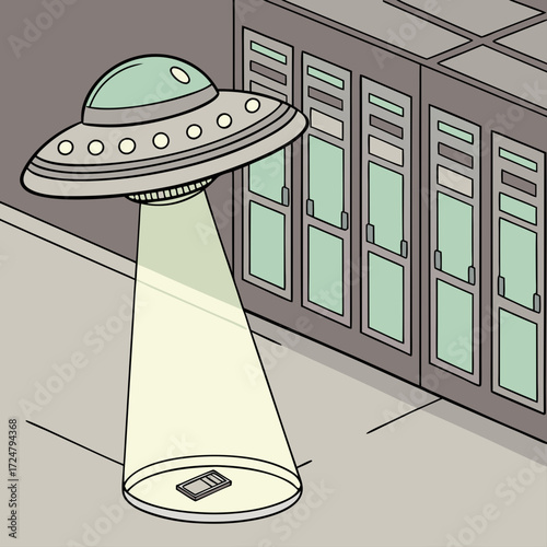Vector art of a whimsical illustration depicts a classic flying saucer ufo hovering over a city street, its beam capturing a lost smartphone, blending retro scifi charm with modernday tech humor