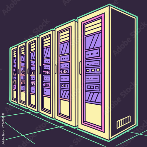 Vector art of retrostyle illustration of server racks, evoking a sense of data storage, technology infrastructure, and digital processing in a vibrant and nostalgic aesthetic