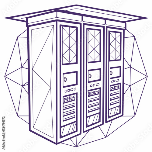 Vector art of monochromatic line art of server racks encased in a geometric frame, , representing data storage and network infrastructure in a minimalist style