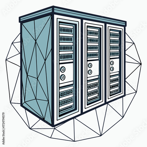 Vector art of server array illustration within a geometric shape, , symbolizing data storage and network infrastructure with a modern, abstract design