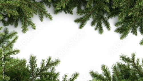Lush evergreen boughs form a border around a bright white center, creating a festive frame