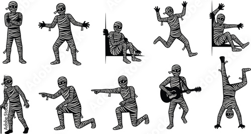 Set of funny mummy silhouette vector illustration, ancient wrapped monster character in different poses, spooky Halloween cartoon design isolated on white background