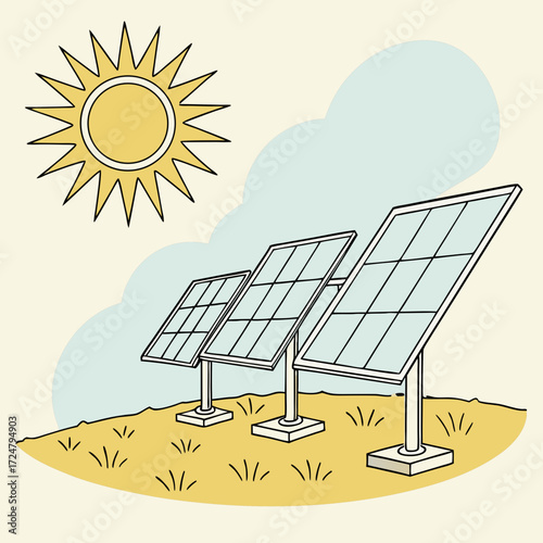 Illustration of solar panels in a field with the sun shining in the sky, representing renewable energy and sustainable power generation