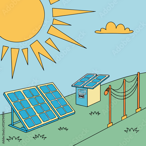 Illustration of solar panels in a field with a sun and cloud in the sky, generating clean energy and electricity, with power lines in the background, symbolizing sustainable energy